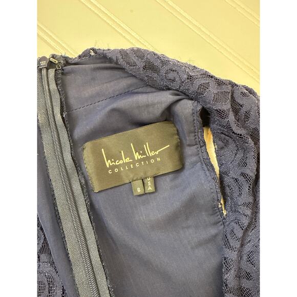 Nicole Miller Navy Blue Lace Ruched Side Sleeveless Asymmetrical Dress Size 6 - Picture 5 of 6